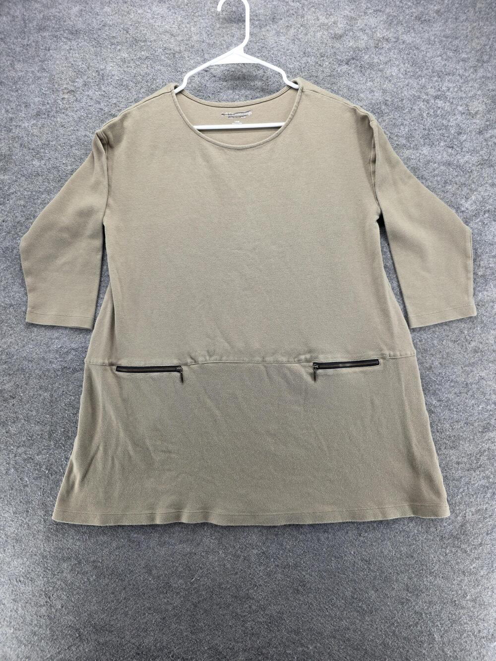 Soft Surroundings Shirt Womens Large Taupe Knit 3/4 Sleeve Tunic Zip Pockets